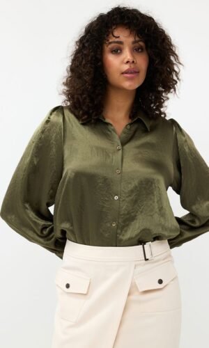 Esqualo Blouse Met Strik Crushed Satin Mosgroen F24.15501
