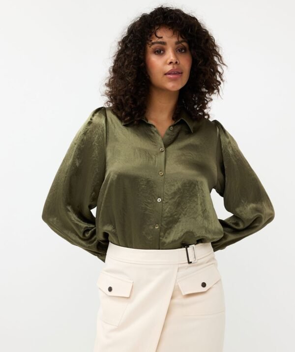 Esqualo Blouse Met Strik Crushed Satin Mosgroen F24.15501