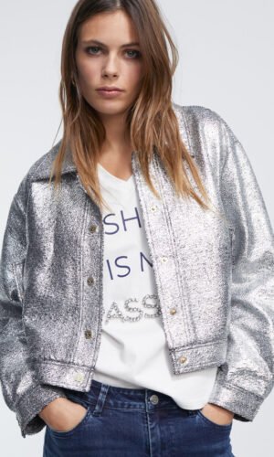 Lola Casademunt Silver Crackled Bomber Jacket LF2402011