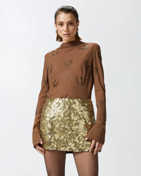 Pinko Georgette Blouse Met Strass Krullen 104430-A289 Marrone