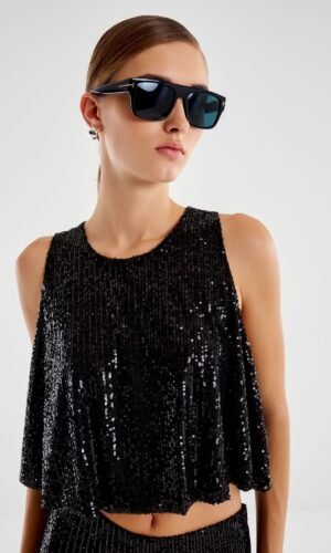 Vicolo Paillettes Cropped Top TS0351 Zwart