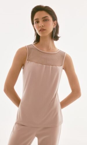 Joseph Ribkoff  Mesh Top Silky Knit Rhinestone 243757S25 Sand