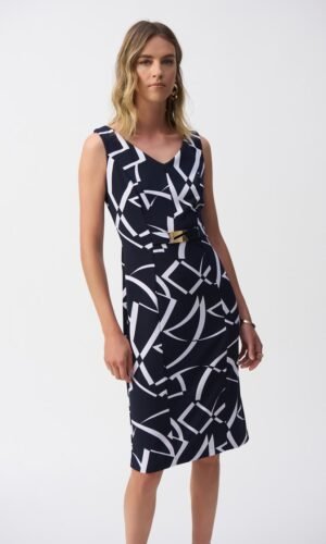 Joseph Ribkoff Jurk Zijdezachte Sheath Geometrische Print 251108 Donkerblauw/Vanillia