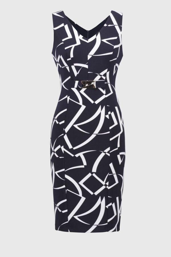 Joseph Ribkoff Jurk Zijdezachte Sheath Geometrische Print 251108 Donkerblauw/Vanillia - Afbeelding 5