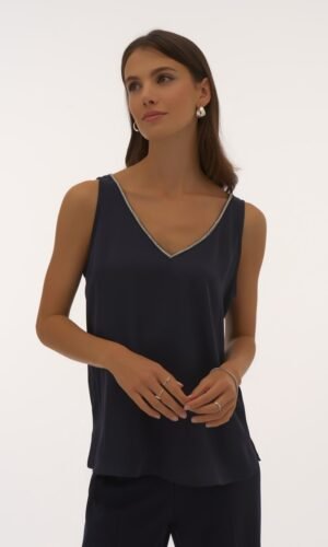 Joseph Ribkoff Top Satin Sleeveless Rhinestone Trim 251741 Donker Blauw