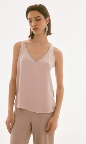Joseph Ribkoff Top Satin Sleeveless Rhinestone Trim 251741 Sand