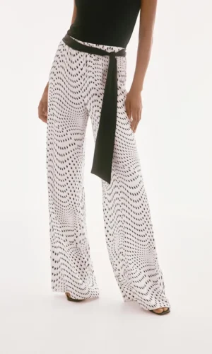 Joseph Ribkoff Wide Leg Pants Satin Dot Print Belted 251747 Vanilla/Multi