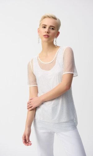 Joseph Ribkoff Mesh Top Met Camisole Two-Piece Rhinestone 251951 Vanilla