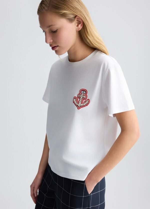 Liu Jo Katoenen T-shirt Borduursels Strass CA5371-J6308 Wit - Afbeelding 4