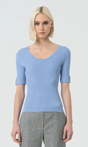 Fracomina Trui Slim Fit Ribstructuur FR25ST7012K42101 Licht Blauw