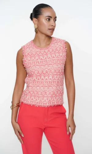 Geisha Cropped Sleeveless Tweed Top 54011-10 Coral/Offwhite