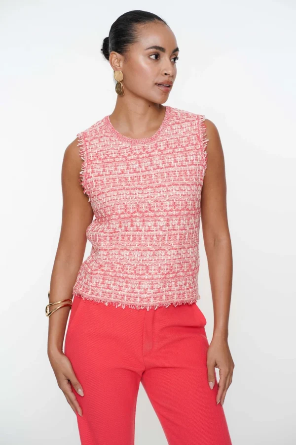 Geisha Cropped Sleeveless Tweed Top 54011-10 Coral/Offwhite