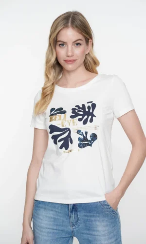 Geisha T-shirt Foil Print 52114-41 Off White/Navy