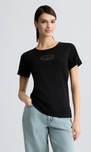Liu Jo Katoenen T-shirt Logo Strass TA5180-JS923 Zwart