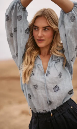 Nukus Blouse Kaoutar Embroidery NKS02036 Sky