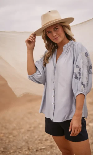 Nukus Blouse Tina Embroidery NKS02097 Sky