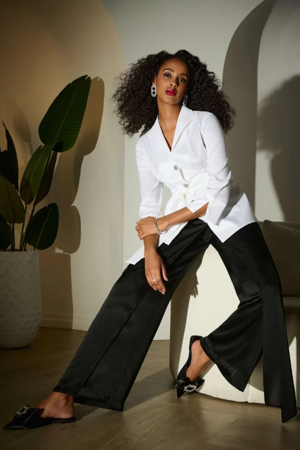 Joseph Ribkoff Satijnen Wide Leg Broek Overlay 253788 Zwart - Afbeelding 2