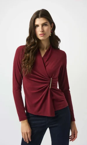 Joseph Ribkoff Moss Crepe Fitted Wrap Top 253020 Merlot