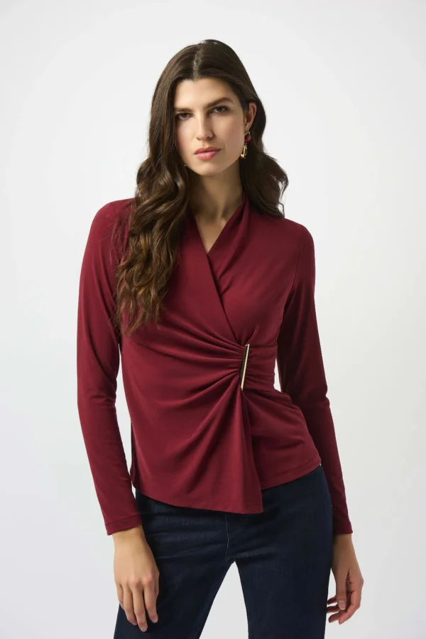 Joseph Ribkoff Moss Crepe Fitted Wrap Top 253020 Merlot