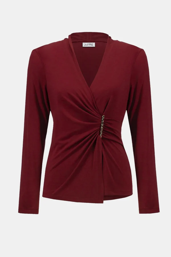 Joseph Ribkoff Moss Crepe Fitted Wrap Top 253020 Merlot - Afbeelding 6