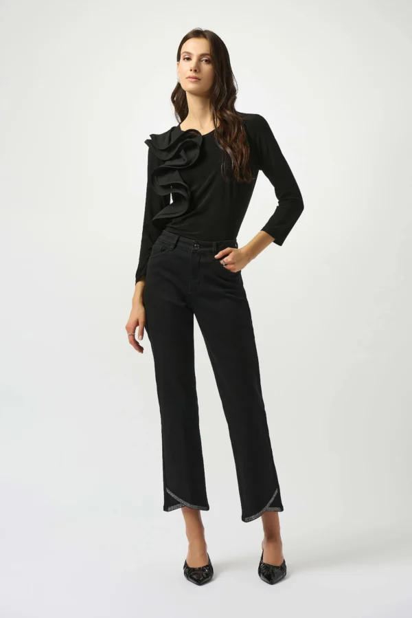 Joseph Ribkoff Silky Knit Fitted Ruffled Top 253047 Zwart - Afbeelding 2