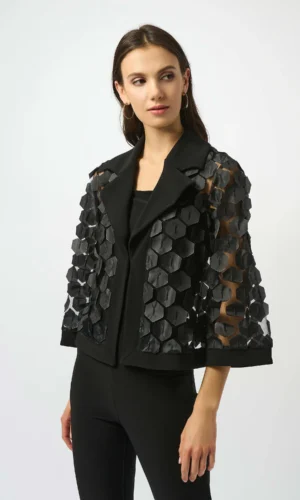 Joseph Ribkoff Embroidered Mesh & Silky Knit Trapeze Jacket 253089 Zwart