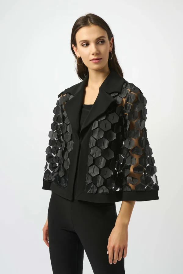 Joseph Ribkoff Embroidered Mesh & Silky Knit Trapeze Jacket 253089 Zwart