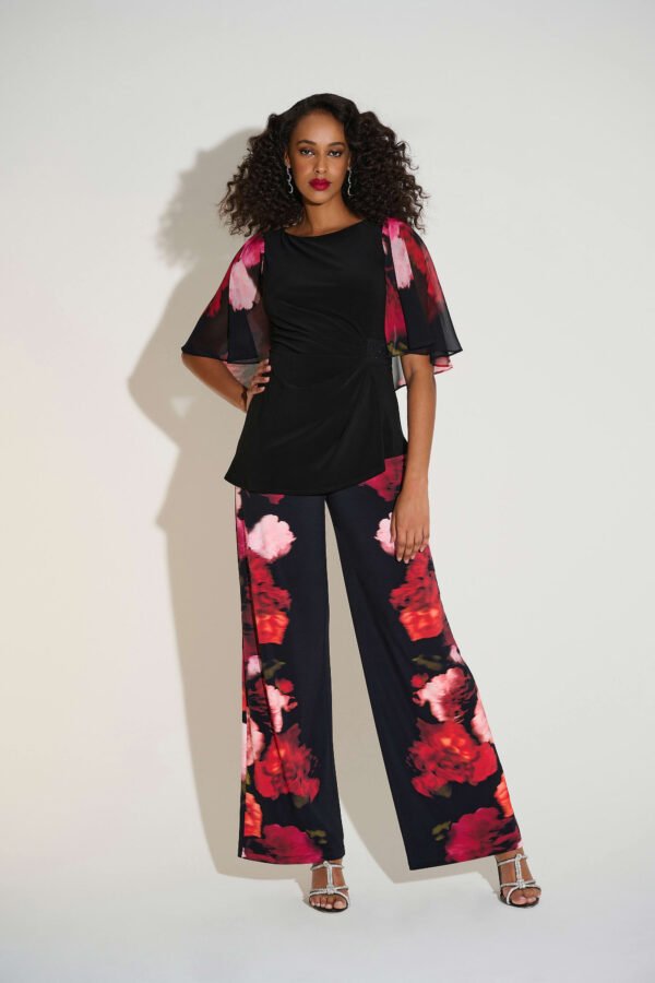Joseph Ribkoff Silky Knit Top Chiffon Bloemenmouwen 253763 Black/Multi - Afbeelding 2
