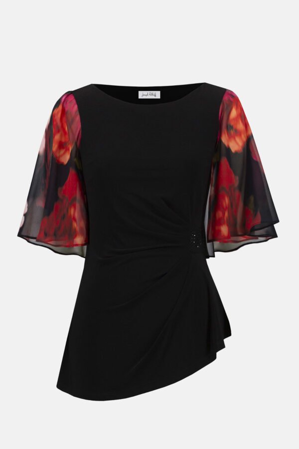 Joseph Ribkoff Silky Knit Top Chiffon Bloemenmouwen 253763 Black/Multi - Afbeelding 5