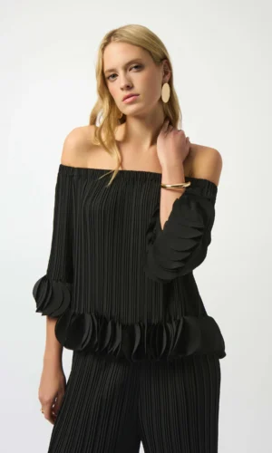 Joseph Ribkoff Georgette Off-Shoulder Pleated Top 253939 Zwart