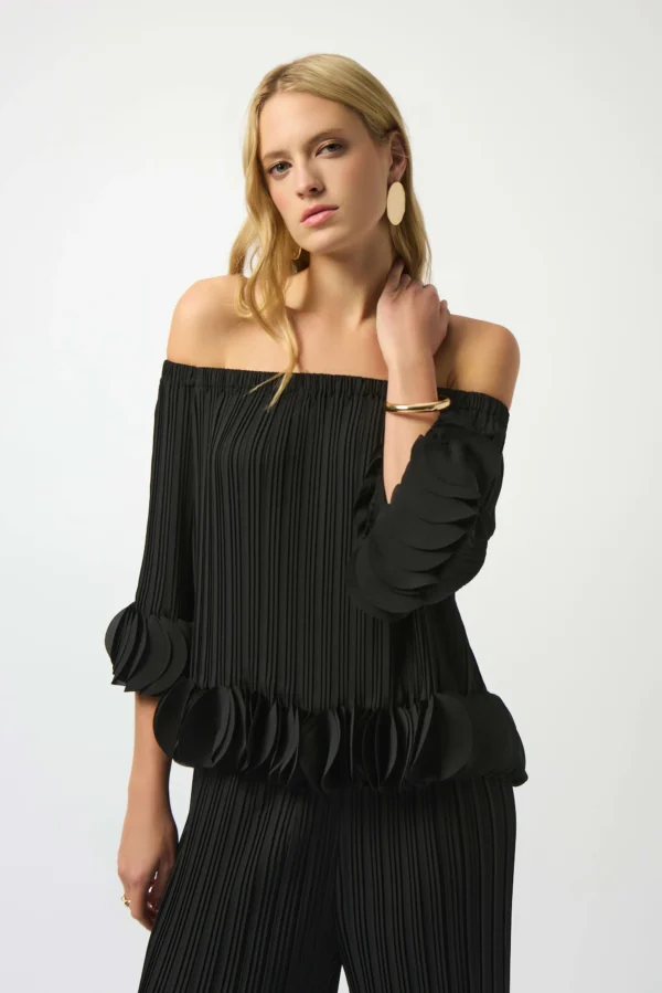 Joseph Ribkoff Georgette Off-Shoulder Pleated Top 253939 Zwart