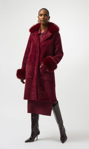 Joseph Ribkoff Feather Yarn & Faux Fur Jas Model 243923F25Merlot