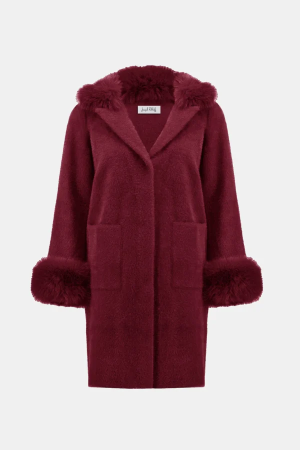 Joseph Ribkoff Feather Yarn & Faux Fur Jas Model 243923F25Merlot - Afbeelding 6