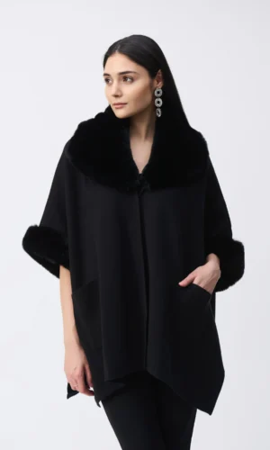 Joseph Ribkoff Brushed Jacquard Faux Fur Cape 243930F2 Zwart