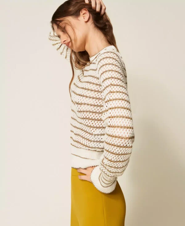 Twinset Fishnet trui met Lurexstrepen 252TP3532 Neve/Golden - Afbeelding 3