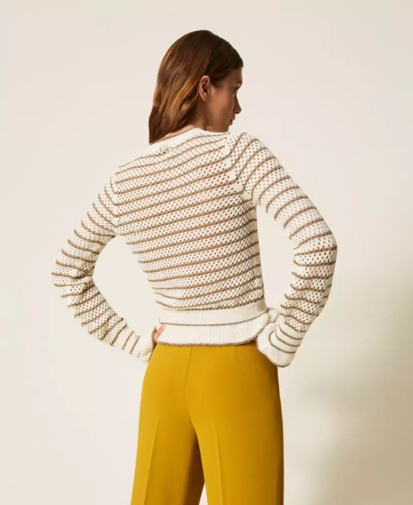 Twinset Fishnet trui met Lurexstrepen 252TP3532 Neve/Golden - Afbeelding 5