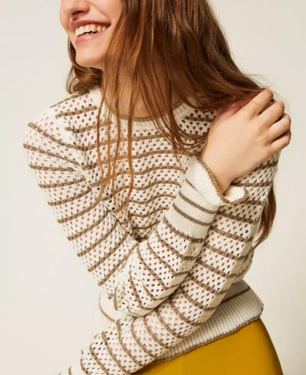 Twinset Fishnet trui met Lurexstrepen 252TP3532 Neve/Golden