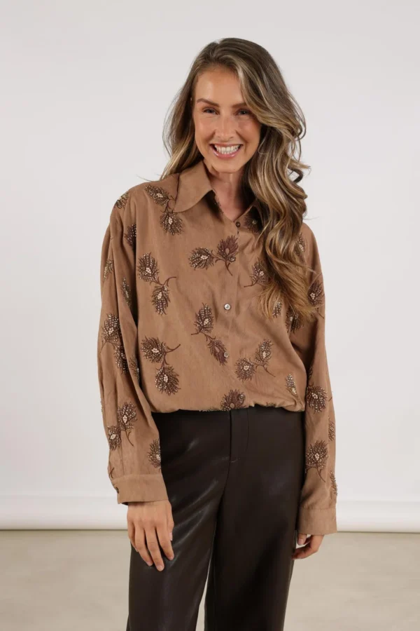 Nukus Iris Blouse NKF02078 Embroidery Camel