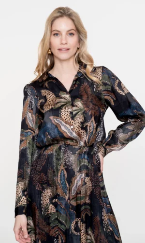 Geisha Satin Blouse Animal Print 53684-70 Zwart/Zand/Groen/Blauw
