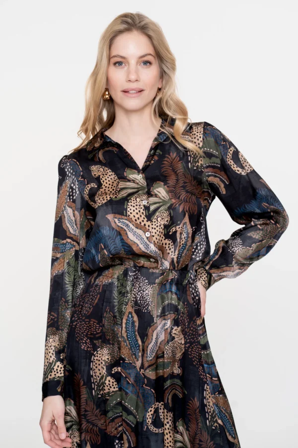 Geisha Satin Blouse Animal Print 53684-70 Zwart/Zand/Groen/Blauw