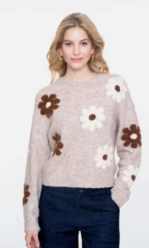 Geisha Trui Embroidered Flower Print 54516-10 Zand/Bruin/Off White