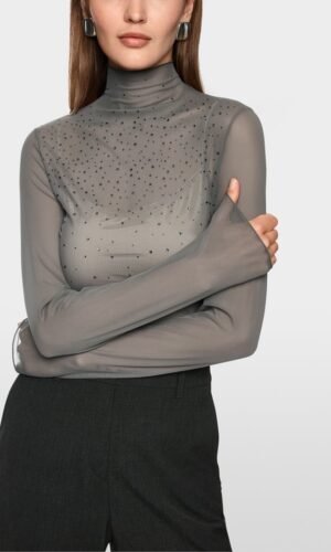 MarcCain Mesh Longsleeve Hotfixsteentjes ZC 48.15 J47 Soft Charcoal