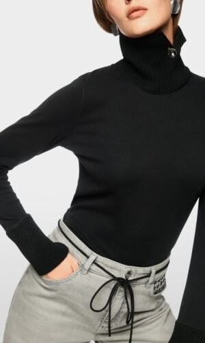 MarcCain Longsleeve Gebreide Kraag Sierknoop ZC 48.44 J15 Zwart