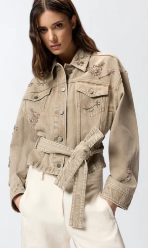 Pinko Denim Jack Jewel Embroidery 106389-A37D Beige-Kelp Brown Denim