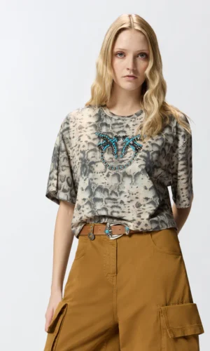 Pinko Cropped T-shirtSnake Print Love Birds 106921-A3C8 Beige/Black