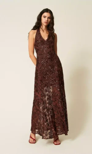 Twinset Long Tulle Jurk Sequins 261AT2145 Bitter Chocolate