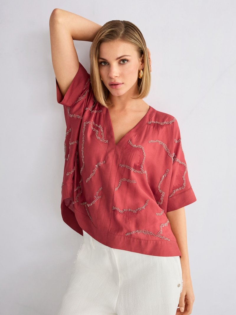 MarcCain Zwierige Blouse Versiering AC5141W54 Etruscan Red - Afbeelding 6