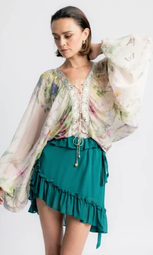 Dream Catcher Edith Blouse D6137XW173 Green Pink Garden